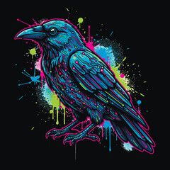 Obraz premium Vibrant vector illustration of a raven in a cybernetic graffiti style. With glowing circuitry patterns, neon teal and pink accents, and urban paint splatters on a black background.
