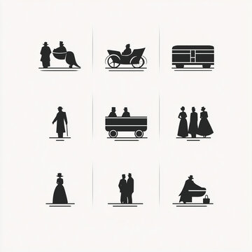 Schwarzwei&szlig;e Silhouetten historischer Figuren und Fahrzeuge im Vintage-Stil. Piktogramme f&uuml;r Geschichte, Tradition, Retro-Design und illustrative Darstellungen mit klaren Formen und zeitloser &Auml;sthetik
