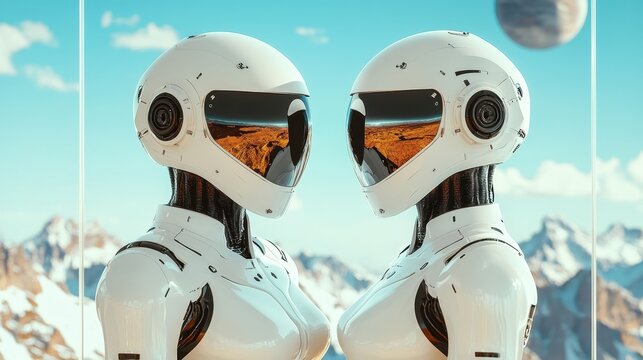 Two futuristic robots with sleek helmets and mirrored visors confront each other against a cosmic backdrop promoting a sense of technological advancement and exploration.