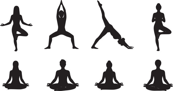 Set of 8 yoga poses vector silhouettes isolated PNG with Transparent Background