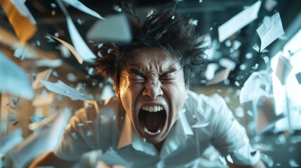 A person is depicted in a moment of intense emotion, with their face expressing anger or frustration, surrounded by papers flying around, symbolizing chaos and pressure.