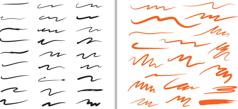 A comprehensive set of black and blue hand-drawn vector brush strokes and scribbles. Features diverse textures, including thick ink smears, jagged zigzags, wavy dividers, and loose pen marks.