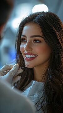 A woman smiles during a dental checkup, her teeth gleaming brightly.  The dentist's gloved hand is visible near her mouth