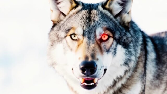 Mad wolf, animal rabies. An enraged animal lunges straight at the camera, its mouth wide open, revealing sharp teeth.