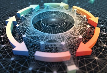 Abstract data flow in digital network architecture representing interconnected nodes and cyclical processes for intelligent automation and information transformation