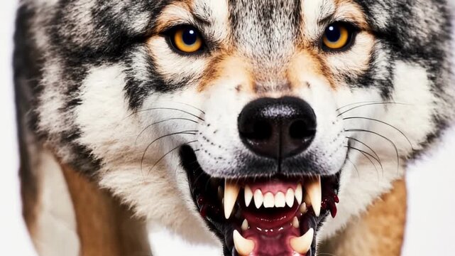 Mad wolf, animal rabies. An enraged animal lunges straight at the camera, its mouth wide open, revealing sharp teeth.