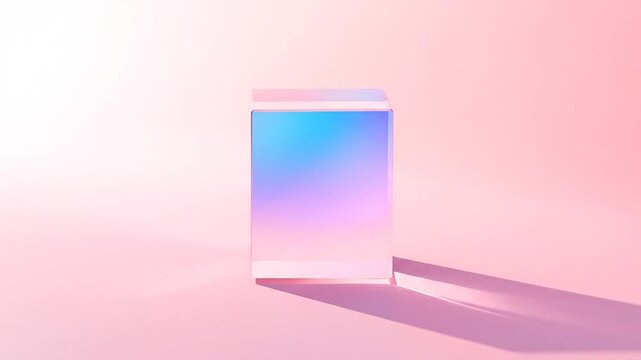 A clear, iridescent cube stands on a light pink surface, casting a shadow on a pink background