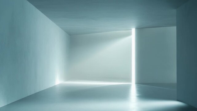 Minimalist modern interior, empty white walled room with dark floor and bright mystical light streaming in from an unseen portal, evoking innovation, transition, and new opportunity