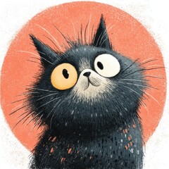 Round cat with sleepy eyes, stylized creature on white background