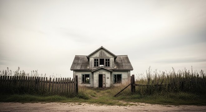 An old, dilapidated house with a wooden fence in the foreground and a grassy field in the background.