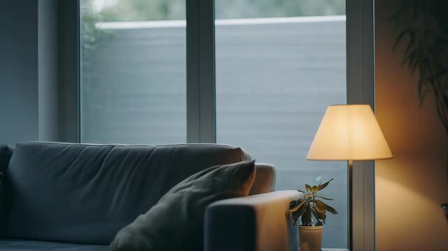 Modern sofa with cushions providing a comfortable atmosphere in a contemporary living room, illuminated by a table lamp and soft natural light from a large window