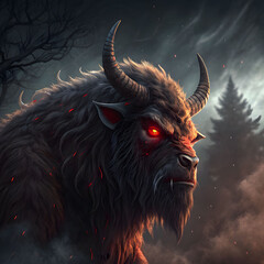 Infernal Horned Beast in a Volcanic Landscape