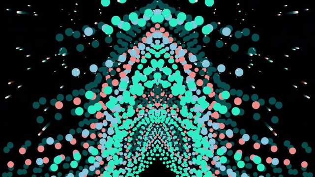 Hypnotic tunnel effect with glowing teal and pink particles on a dark background, abstract digital art pattern