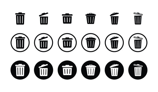 Professional trash can icon set in black and white. Includes various garbage bin styles with open and closed lids in flat, outlined circle, and solid badge formats for UI/UX and web design.