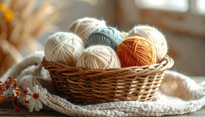 Obraz premium Yarns in a wicker basket arranged on a wooden table with soft natural light coming from a nearby window