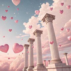 Dreamy Fantasy Landscape with Ancient Columns and Floating Pink Hearts in a Pastel Sky