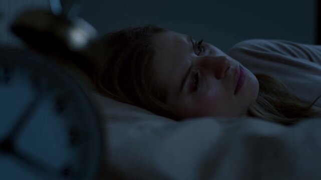 Side profile of restless woman trying to sleep in dark bedroom, turning in bed with insomnia and staring into darkness near alarm clock.