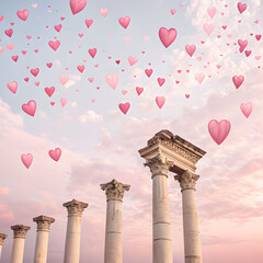 Dreamy Fantasy Landscape with Ancient Columns and Floating Pink Hearts in a Pastel Sky