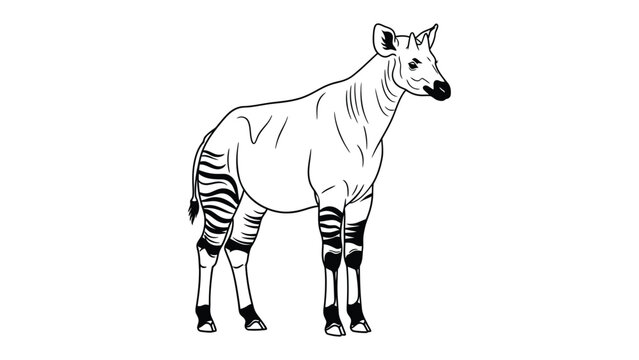 Okapi Illustration: The rare Okapi stands tall, its unique blend of zebra-striped legs and a deer-like body showcased in a detailed illustration. A study of an uncommon creature.