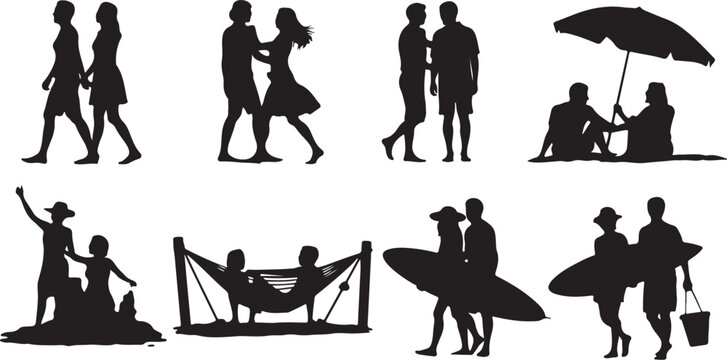 Collection of diverse silhouettes depicting people engaged in various summer activities and beach scenes .silhouette degin