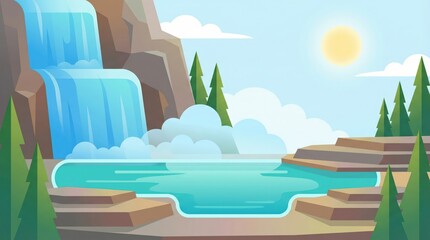 Cartoon landscape featuring a waterfall cascading into a tranquil lake in a bright flat vector illustration with mountains and trees