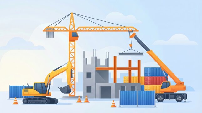 Construction site with cranes and a building under construction in bright sky - vector illustration