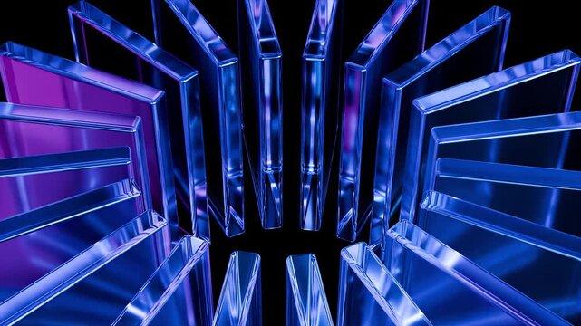 Infinity Rotating Looping Circle of high-tech Abstract futuristic iridescent glass shapes circle with neon reflections glossy transparent panels and curved ribbons on dark tech background for UI web a