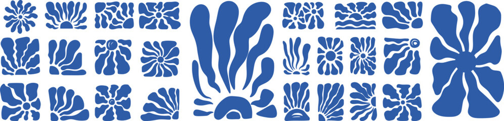 Groovy abstract art set featuring organic shapes and hand drawn sunburst doodles. Playful and retro-inspired design, perfect for modern posters, branding, social media graphics, wall art, and creative