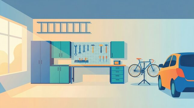 Flat vector illustration of a modern home garage workshop with tools, cabinets, bicycle and car, bright and organized interior