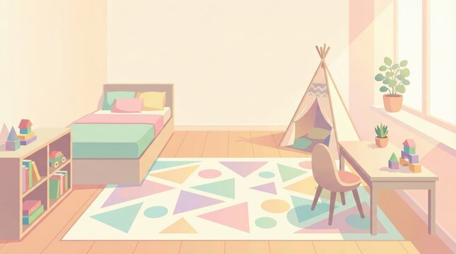 Pastel children's bedroom playroom illustration with teepee tent, colorful geometric rug, plants, and cozy lighting