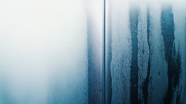 Condensation forms a textured surface with water droplets and streaks, displaying a cool blue gradient from lighter to darker tones, reflecting humidity and atmospheric moisture