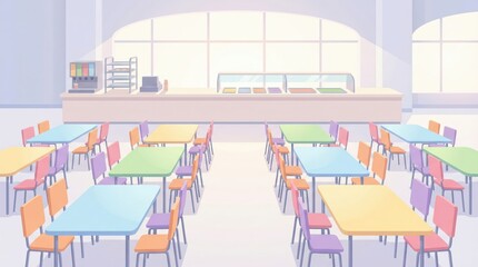 Pastel school cafeteria interior in daylight - bright flat vector illustration of colorful tables and chairs