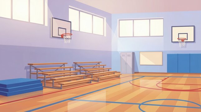 Empty school gymnasium illustration in pastel colors with wooden bleachers and basketball hoops, daylight interior, digital art render