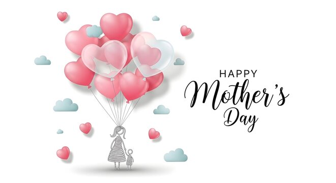 Happy Mother's Day balloon bouquet celebration with hearts and confetti in soft pastel background