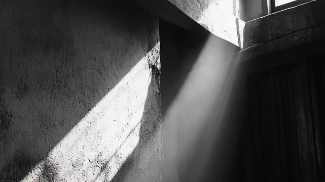 Powerful ray of sunlight piercing through a window opening and illuminating a dusty, textured wall in a dark, empty interior space, representing hope, mystery, and new beginnings