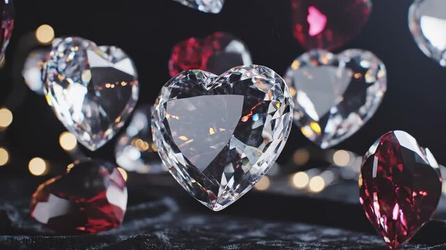 Floating heart-shaped diamond and ruby gems sparkle and glitter on a luxurious dark velvet background with bokeh lights.