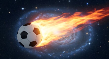 Naklejka premium Soccer ball exploding in space with fiery cosmic energy and stars background
