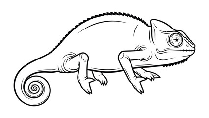 Fototapeta premium Chameleon Outline: A detailed black and white illustration captures a chameleon in a side profile, highlighting the reptile's unique features, from its curling tail to its expressive eye.