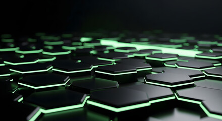 Fototapeta premium Stunning 3D render of a dark technological background featuring interconnected hexagonal tiles illuminated by vibrant neon green light. Perfect for gaming, sci-fi design, data security concepts