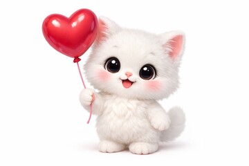 Cute Baby  Kitten Animals 3D Illustration Holding Heart Balloon for Valentine Love Concept