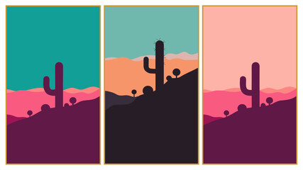 Set of three minimalist desert landscapes in a bold pop-art style. Illustrations featuring dark purple cactus silhouettes against vibrant teal, orange, and magenta mountain layers. Modern flat design  © hadi