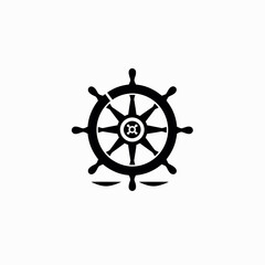 Black Silhouette Ship's Wheel Icon. Nautical Marine Steering Helm Symbol for Navigation, Voyage, Adventure, and Direction Concept.
