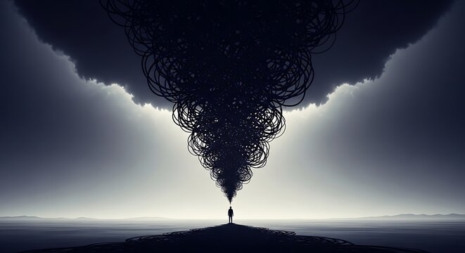 A lone figure stands on a hill with a dark, swirling cloud formation looming above, creating a dramatic and ominous atmosphere from a low viewpoint.