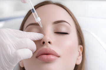 Naklejka premium woman receiving non-surgical nasal narrowing treatment with crystal cortisone injection performed by a doctor in a modern aesthetic clinic