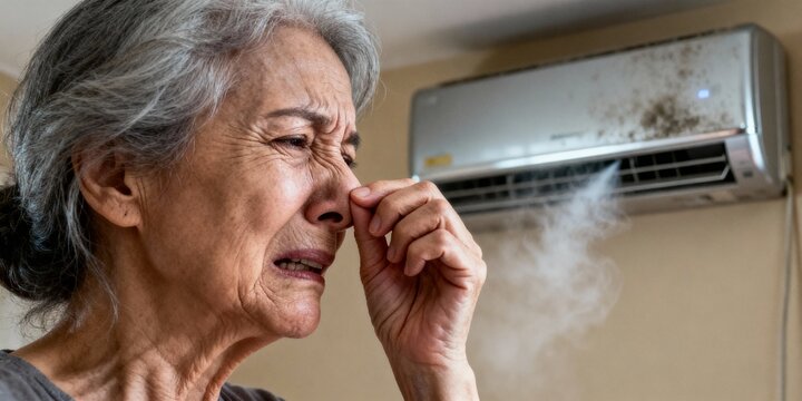 An elderly woman grimacing at the smell of the air conditioner
