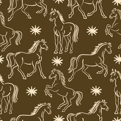 Cotton fabric Vintage block print style seamless pattern featuring hand drawn galloping horses and stars in earthy brown and cream colors for textile and wallpaper