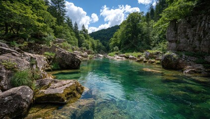 Crystal clear river flows through lush green forest under a partly cloudy sky
