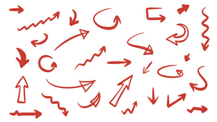 Hand-Drawn Arrow Set in Red on White Background, Vector Illustration, Directional Doodle Elements, Navigation, Arrows Collection, Transparent.