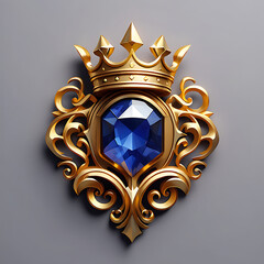 Luxurious golden crest with blue gemstone on a gray background, ornate and elegant design