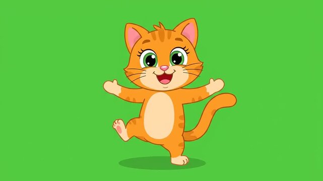 Ginger cat cartoon dancing on a green background. Cute pet expressing joy in a stylized design for children's content. Simple flat vector.